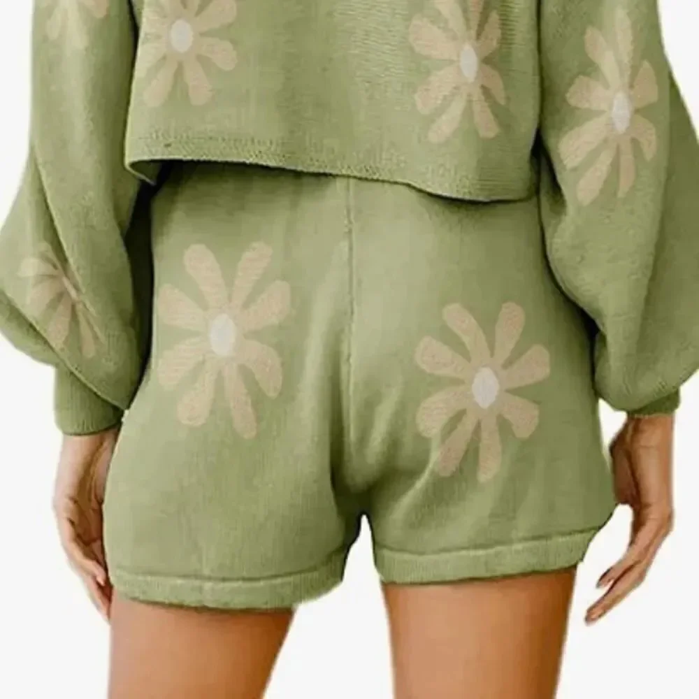 Ekouaer Green Knit Flower Print Shorts